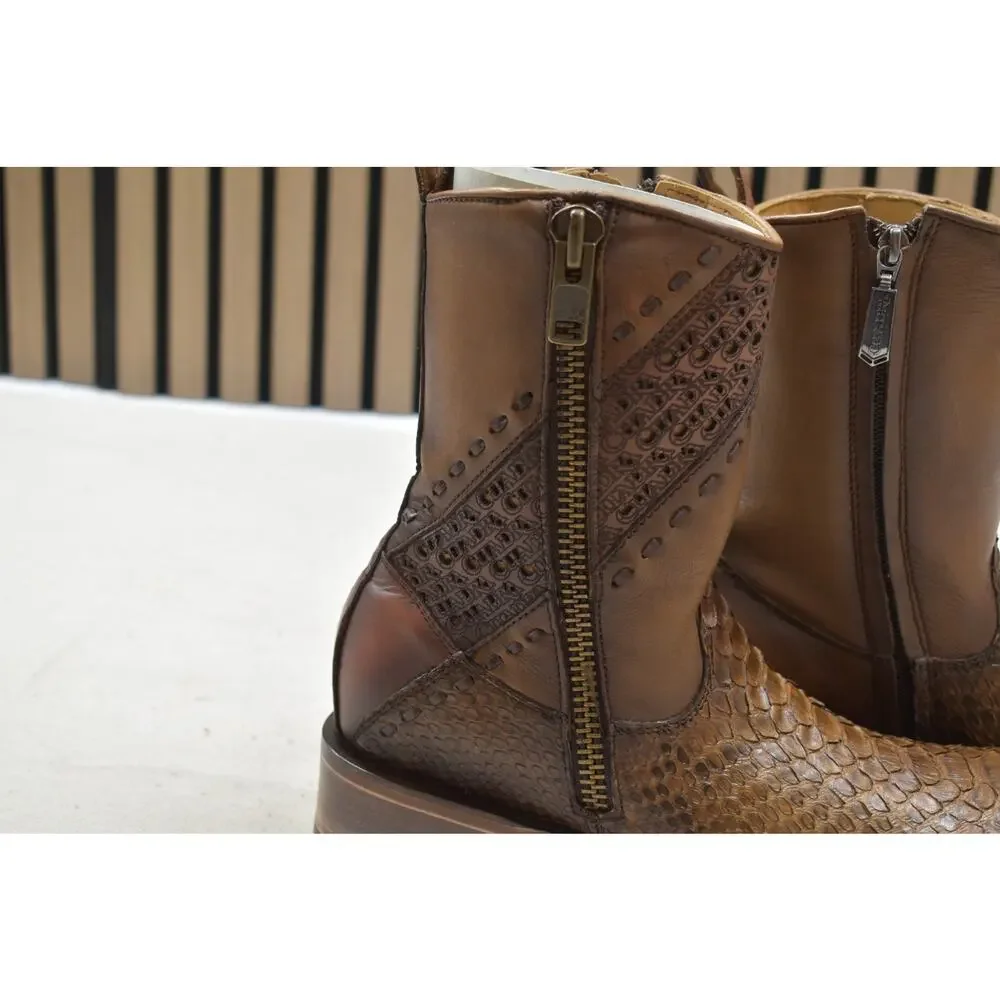 Cuadra Men's Honey Python Skin Laser Woven Zip Leather Boot CU425 US Size 6 EE